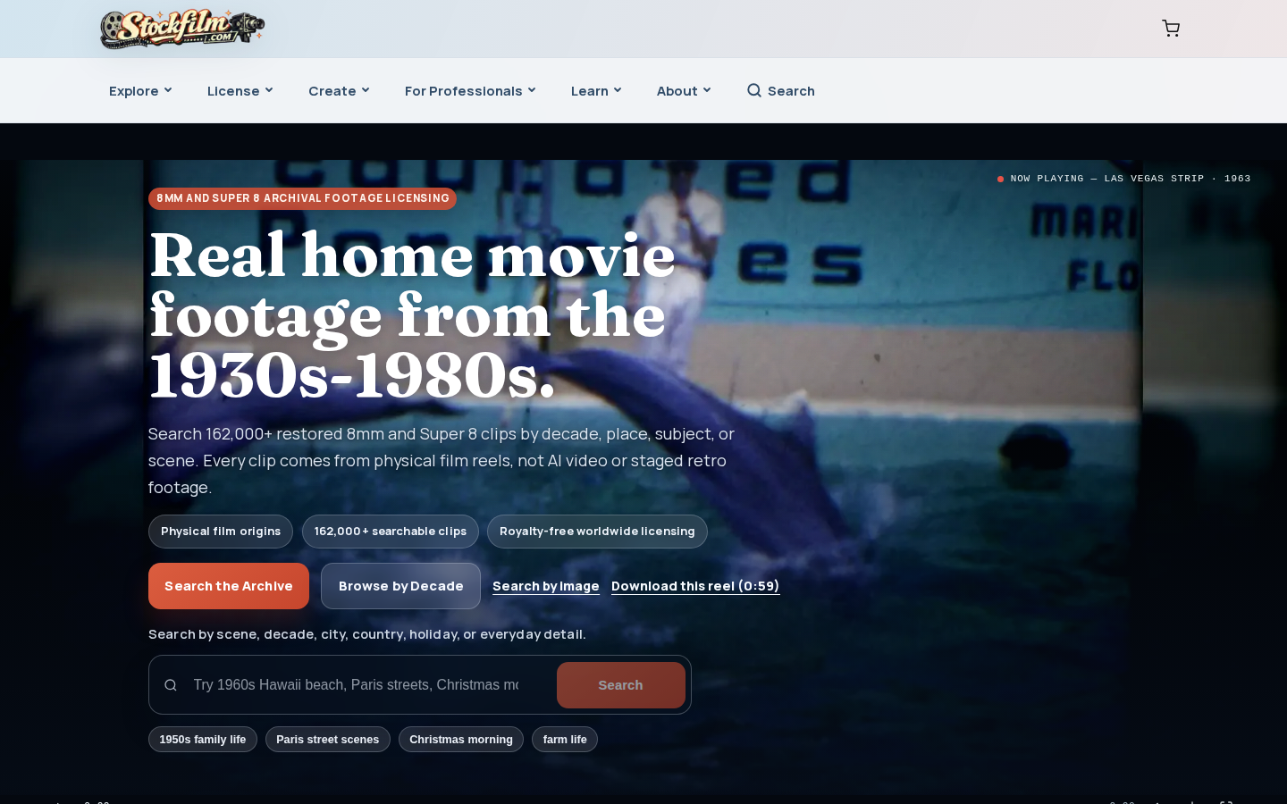 Stockfilm.com homepage showing archival home movie footage, archive search, and browsing options